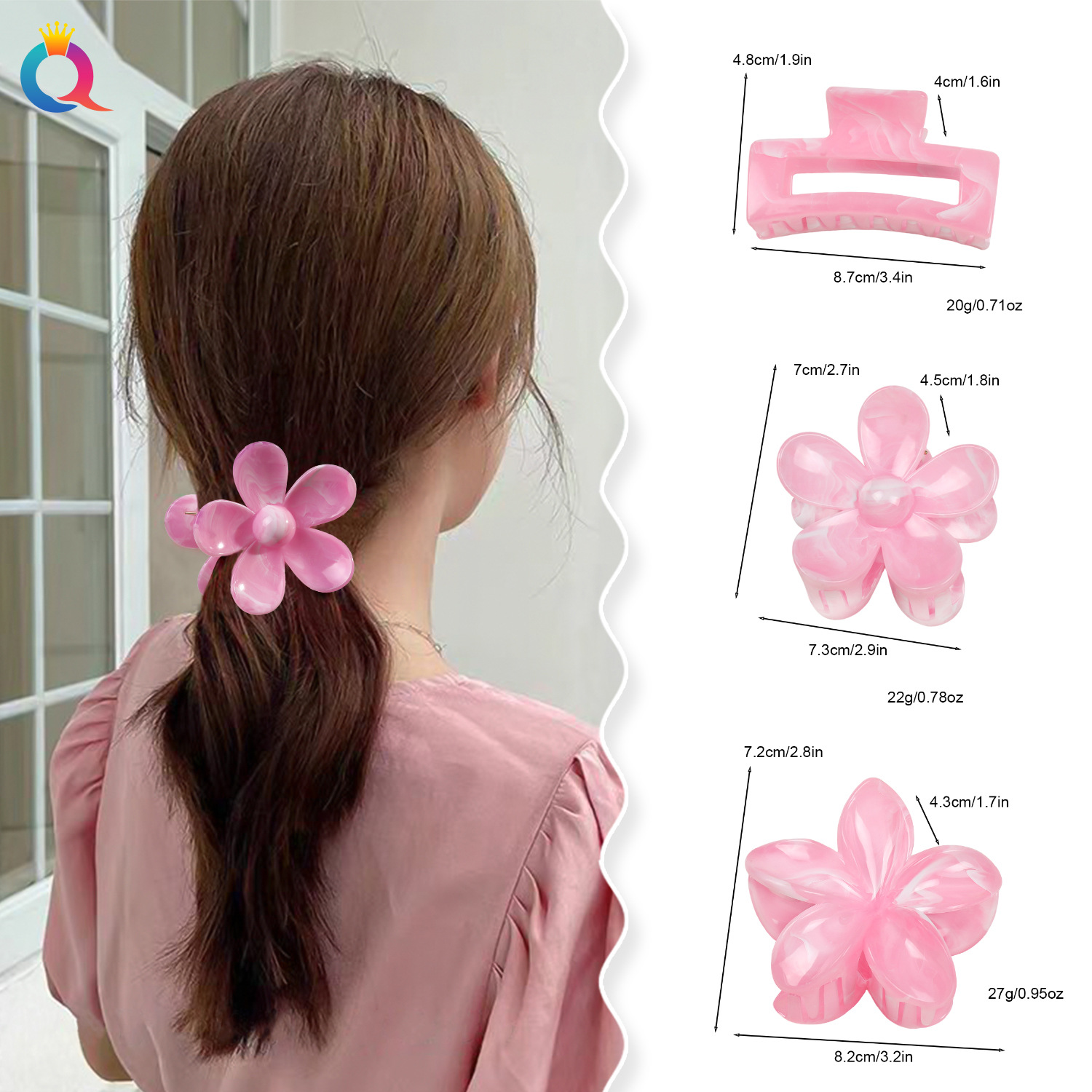 The new Qiyue ultraviolet photosensitive color-changing hair clip is sweet and elegant. It features a shark clip on the back of a woman's head, a hair bun and a hair clamp Specification drawing