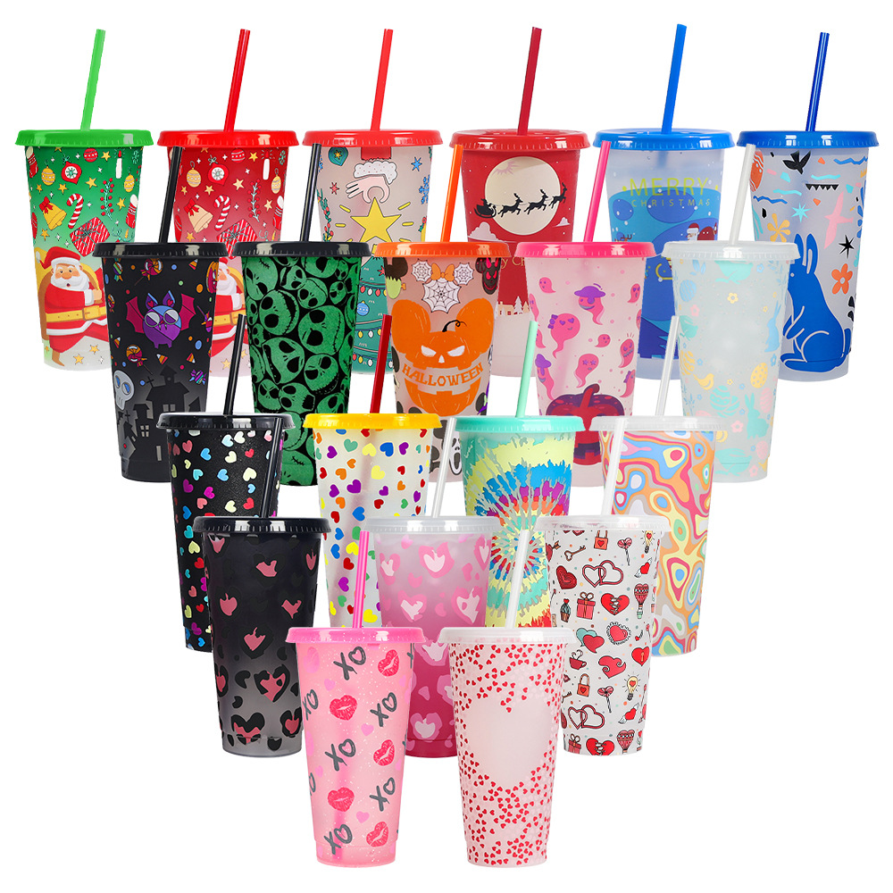 The manufacturer's new Halloween PP single-layer coffee plastic color-changing cup 710ml temperature-sensitive cold-changing straw Christmas cup Item Picture