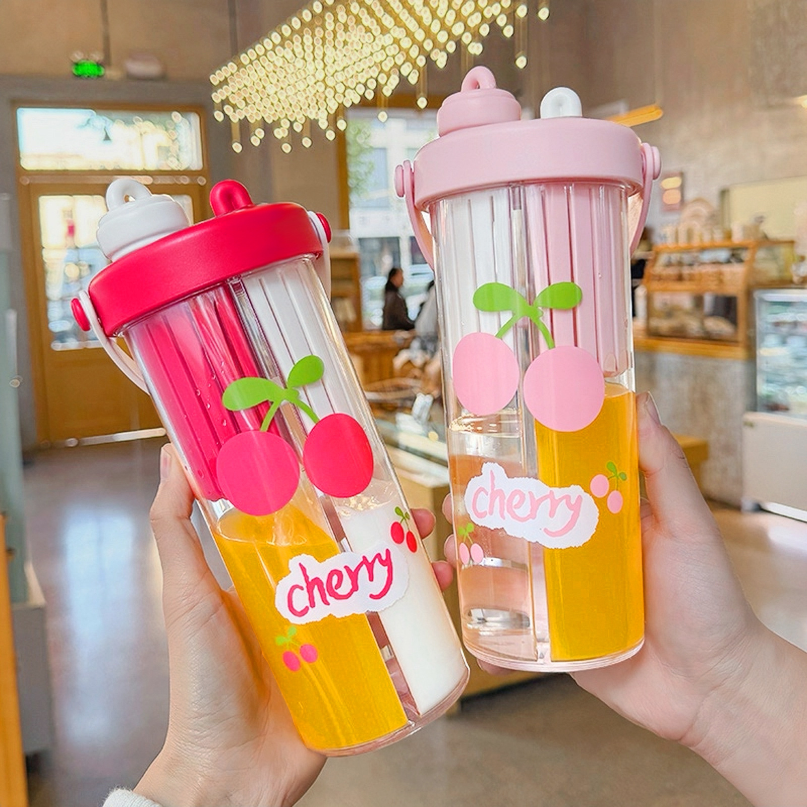 New double-compartment water cup with tea compartment, portable student straw cup, high appearance level for girls, summer tea brewing plastic cup gift full figure