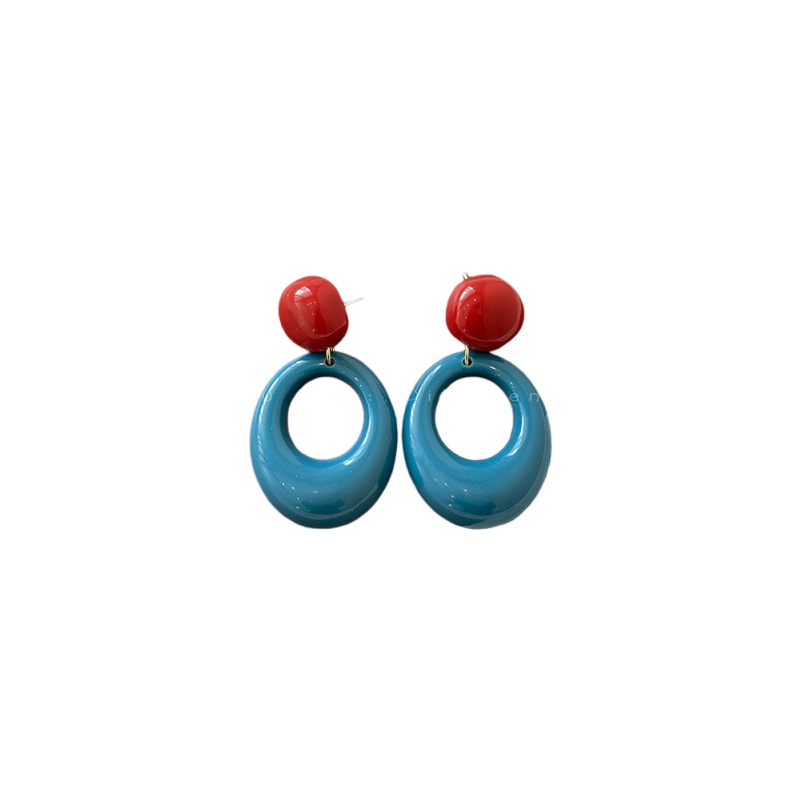 Retro Hong Kong-style blue circle earrings for women, 2024 new autumn and winter collection, with niche design and exaggerated earrings Item Picture