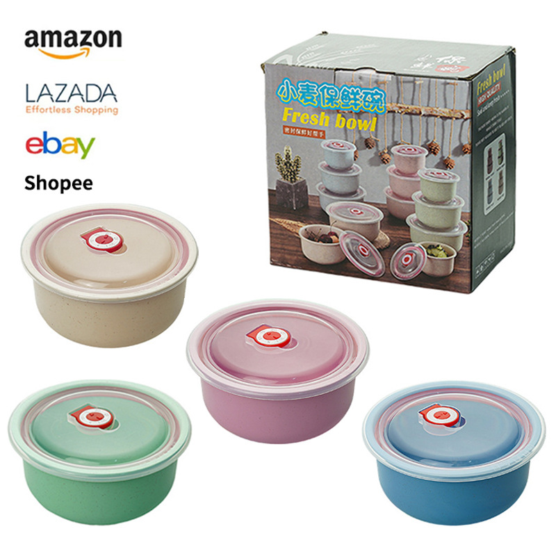 Cross-border wheat straw preservation bowl three-piece set with lid preservation box set, wheat bowl gift, plastic bowl with logo printing full figure