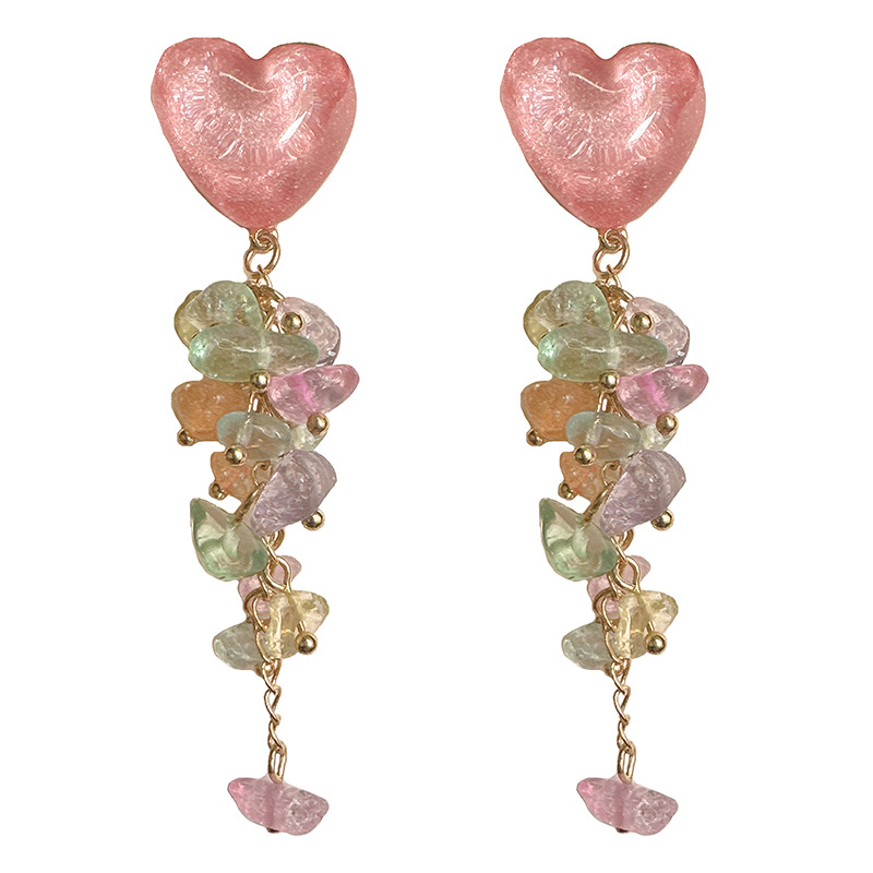 Colorful heart-shaped tassel earrings 2025 bestsellers, super fairy-like summer colorful crushed stone stud earrings, sweet and girlish earrings Item Picture
