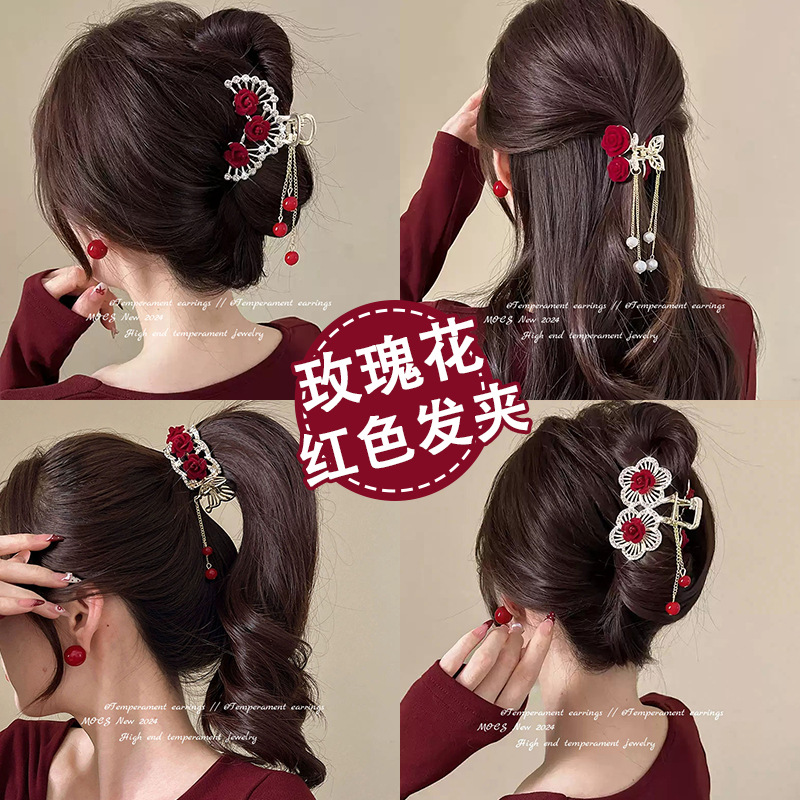 Red velvet rose pinch women's 2024 new high-end back hairpin, updo, shark clip headwear details Picture