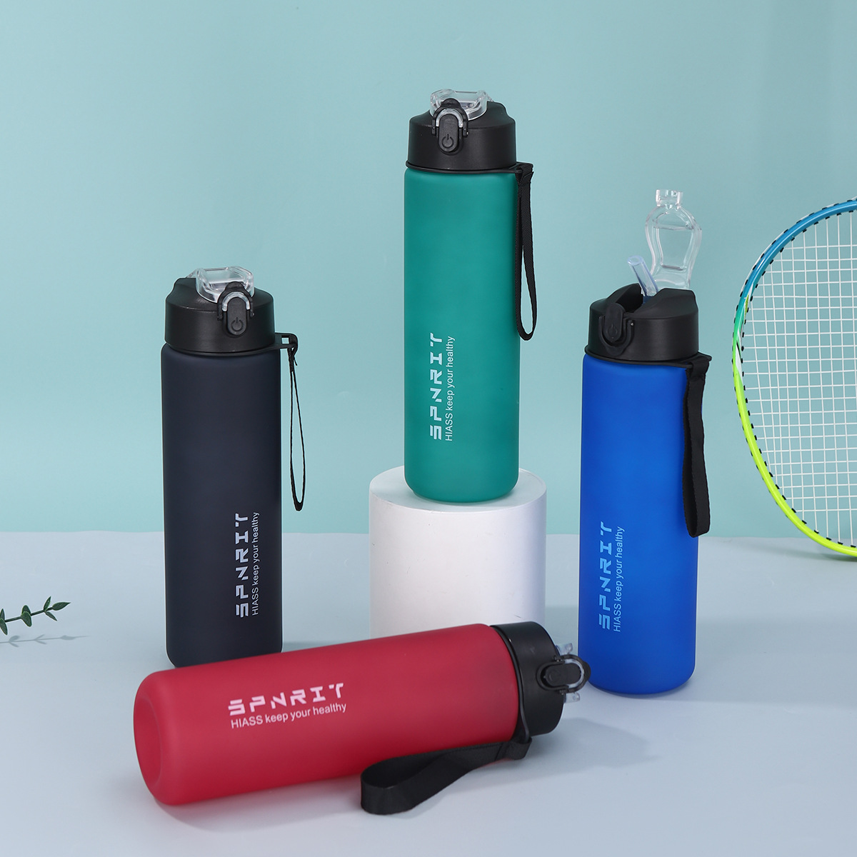 Wholesale of simple and large-capacity sports water bottles, solid-color double-drinking plastic cups, outdoor portable space kettles with handles details Picture