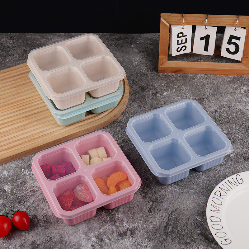 Wholesale of wheat straw four-compartment snack boxes, candies, nuts, refrigerator preservation storage boxes, sealed and separated fruit plates details Picture