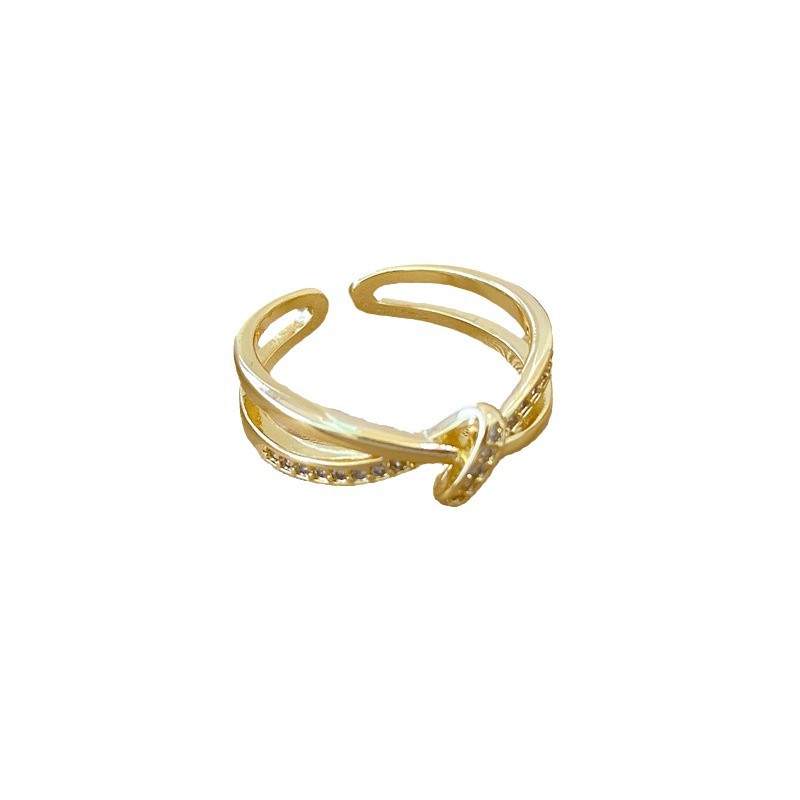 【 Real Gold 】 Cross-knotted full diamond ring with adjustable opening, simple Japanese-style bracelet, couple rings Item Picture