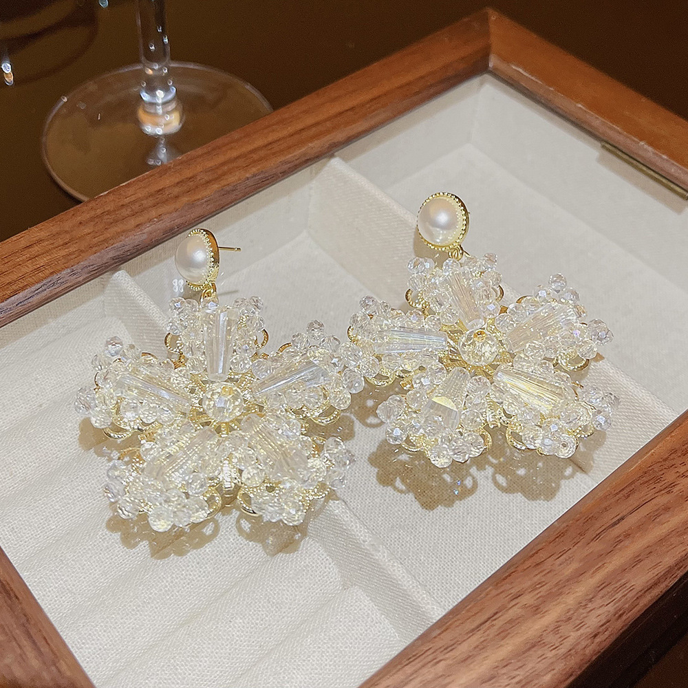 S925 Silver Needle New trendy and fashionable style crystal flower exaggerated earrings Long, exquisite and high-end, small earrings that show off the face details Picture