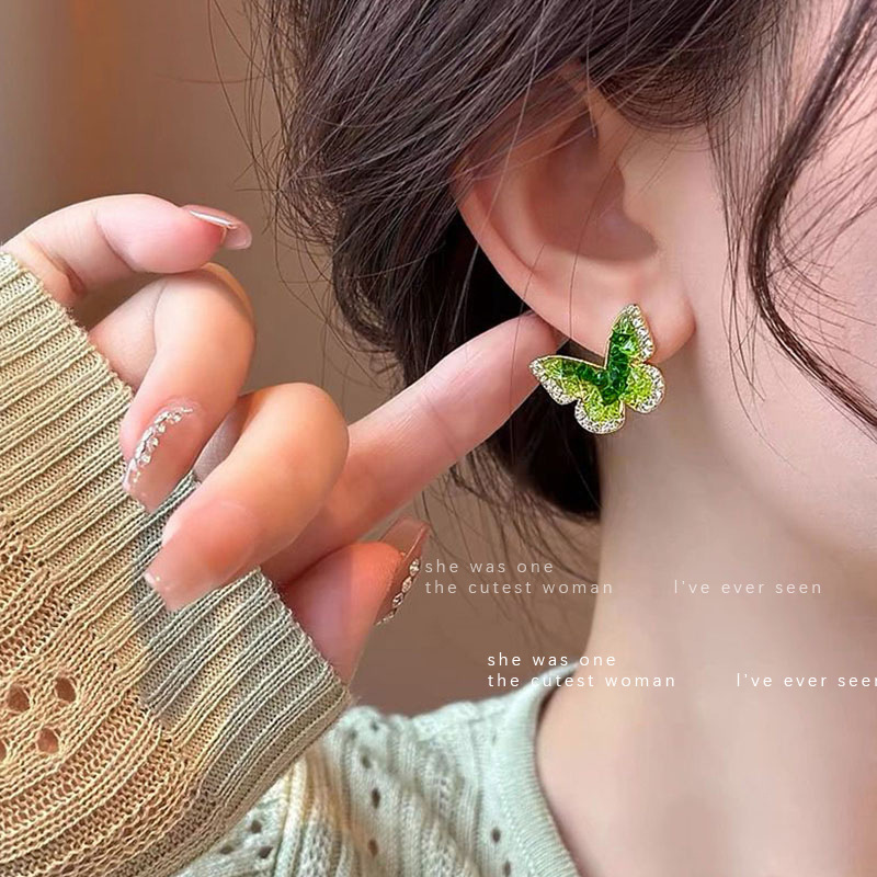 Fresh and clean green gradient stud earrings for women, 2024 new style sweet and versatile flower earrings, high-end zircon earrings Specification drawing