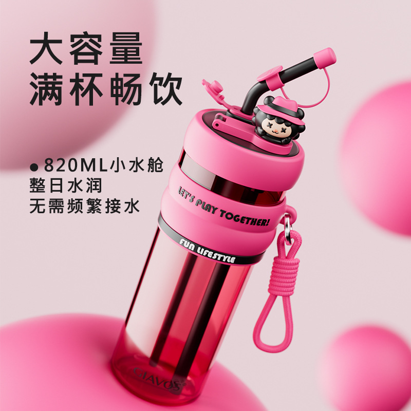 2024 Children's water cup, girls' portable plastic cup, cute cartoon summer sports ring, Double drinking straw cup Application Scenario