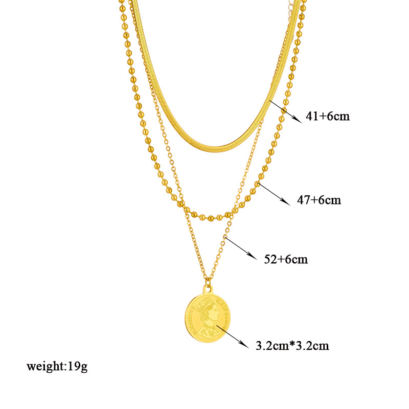 Niche design, fashionable, creative, individual, versatile multi-layer chain, bead chain, round plate, queen's head pendant, jewelry necklace Application Scenario