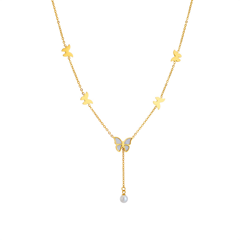 European and American cross-border style, simple, light luxury, elegant titanium steel metal chain, tassel, pearl butterfly pendant, accessory necklace Item Picture