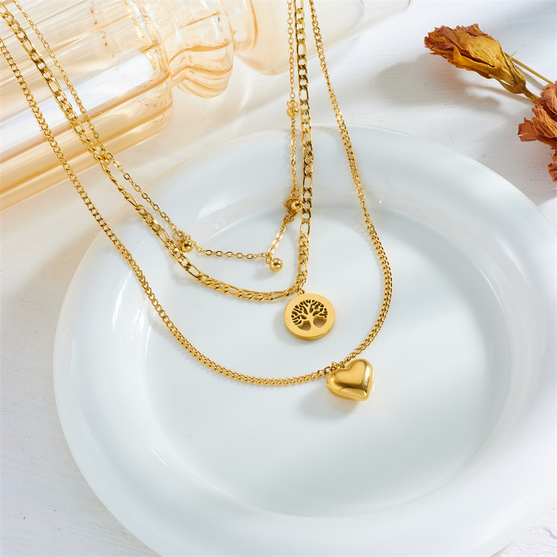 Fashionable, niche, simple and retro titanium steel metal multi-layer chain heart round plate life tree pendant necklace details Picture