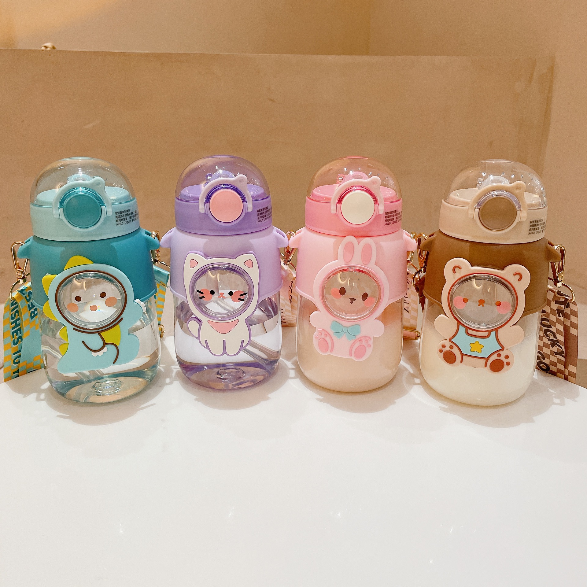 Cute children's straw cup, high-end and adorable doll drinking cup, anti-drop portable slanted cross pop-up cap baby plastic cup details Picture