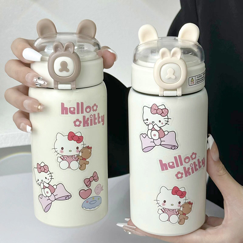 kt Cat insulated cup, portable straw water cup, cute animal stickers, Ins-style children's direct drinking cup for school full figure