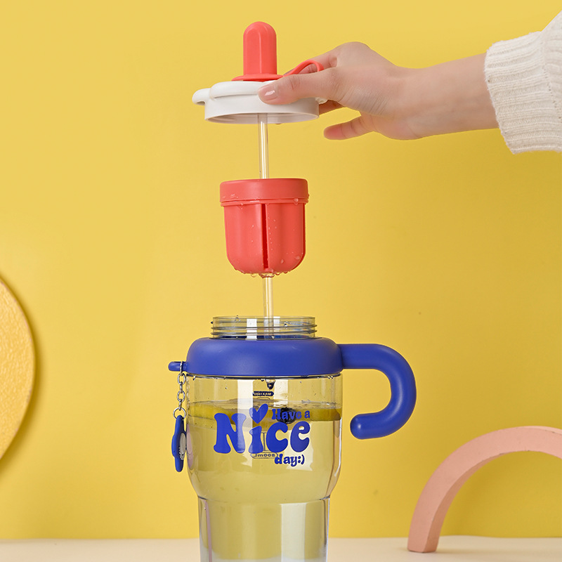 Creative ice cup, high appearance level flower water bottle, handle plastic cup, internet-famous straw cup, color-blocking water cup, portable water bottle Specification drawing