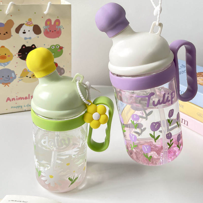 High appearance level summer plastic cup for girls 2024 new portable straw handle for girls large-capacity water cup handle cup Specification drawing