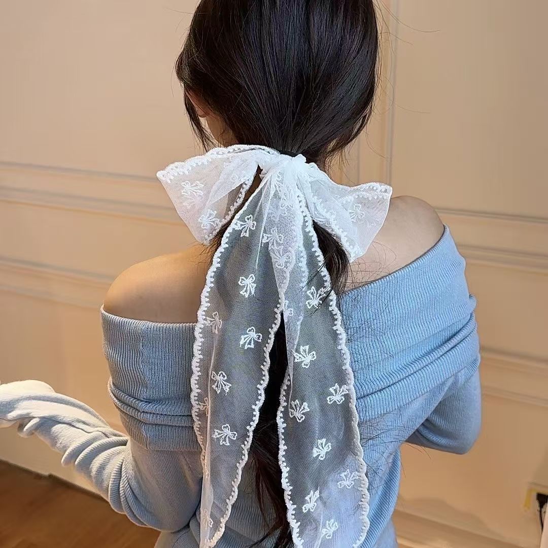 French white lace ribbon silk scarf, a versatile summer accessory for women, hair band and hair tie, thin neck-tying long scarf Application Scenario