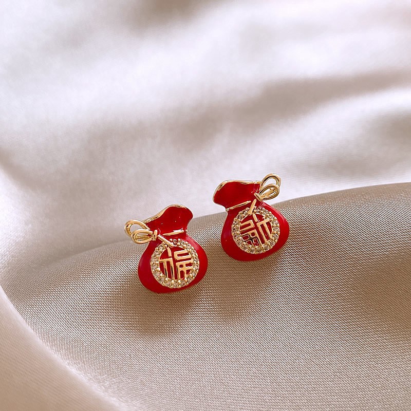 New 2024 bestseller red small lucky bag earrings for the New Year, unique and high-end stud earrings for women, perfect for winter earrings full figure