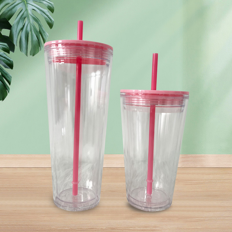 【 Customized Processing 】 Double-layer plastic straw cup, transparent cool coffee cup with straw, student girls' water cup details Picture