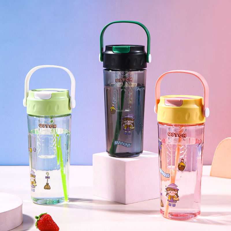 Cartoon diy portable hand-held plastic cup with filter, large-capacity hand-held straw cup, fitness portable sports water cup full figure