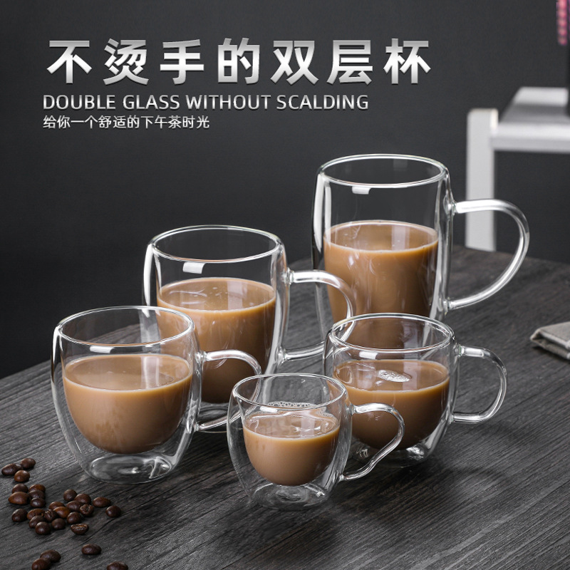 Wholesale of high borosilicate glass cups, double-layer heat-insulating and high-temperature resistant transparent glass water cups, household milk and coffee cups full figure