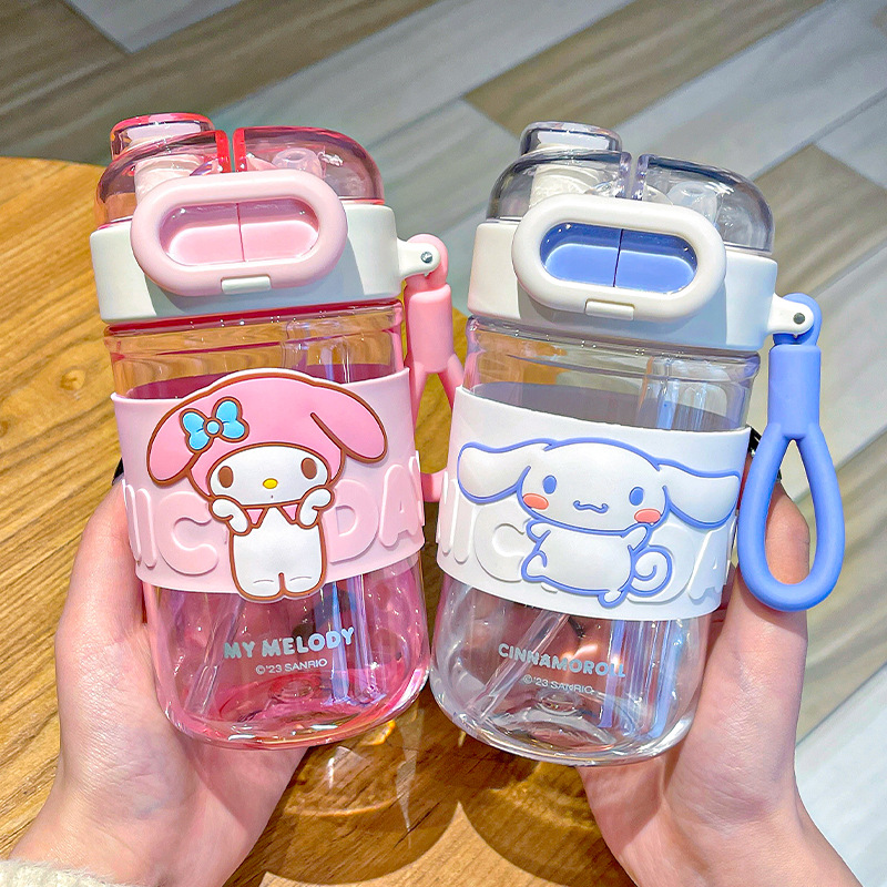Children's cartoon plastic cup, cute double-drinking cup, portable and casual cup for girls, Sanrio officially authorized straw cup full figure