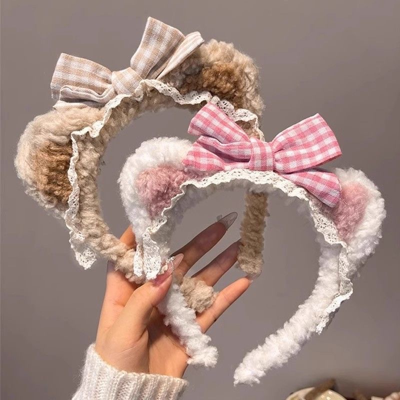Bow, bear ears, plush hair band, girls' face washing and hair pressing cartoon hair band, children's hair clip, cute hair tie headwear full figure