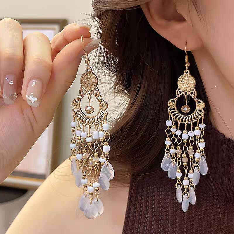 Bohemian-style long tassel earrings, women's high-end retro exotic ear hooks, 2025 new ethnic style earrings Specification drawing