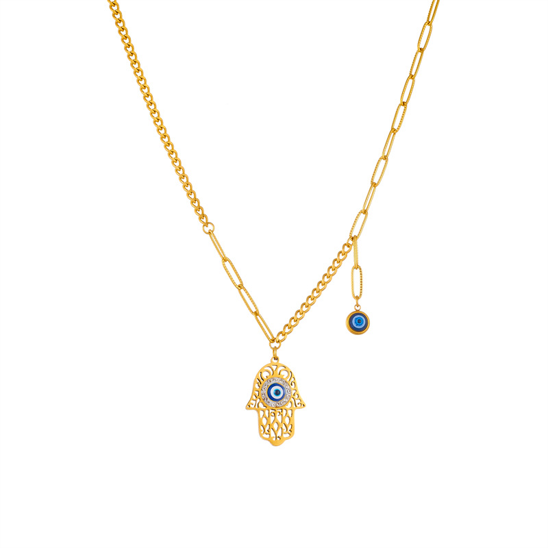 European and American fashion, retro and high-end style, oil-dripping eyes, Fatima hand stainless steel chain jewelry necklace Item Picture