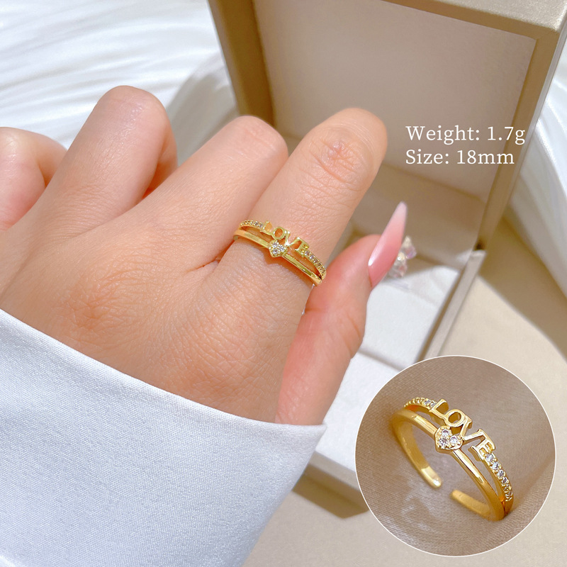 【 Real Gold 】 LOVE Zircon ring with Adjustable opening, simple Japanese-style bracelet, couple rings details Picture