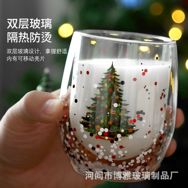 Wholesale Christmas double-layered glass cups, high appearance level household heat-resistant and anti-scalding drinking cups, wish cups, festival gift cups Specification drawing