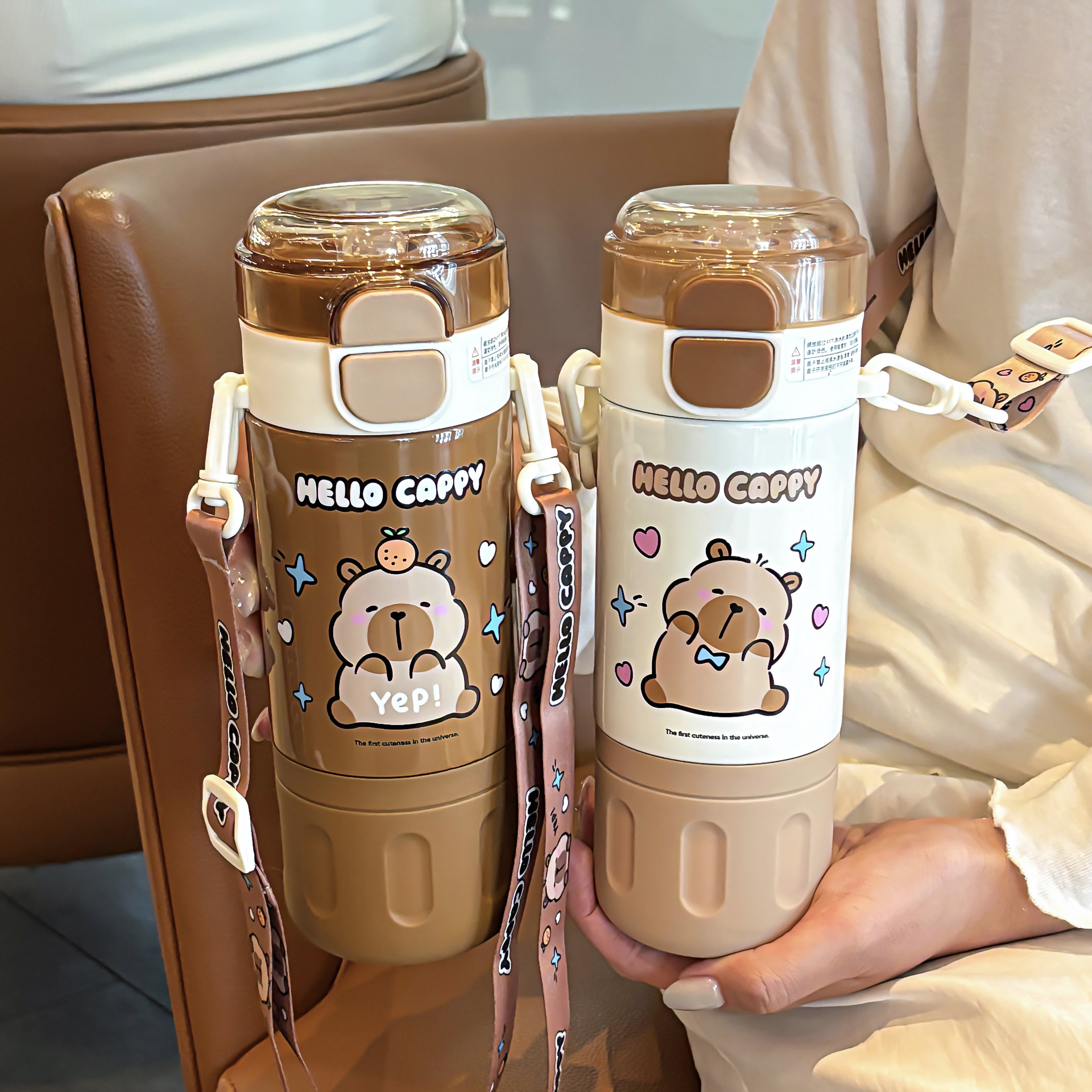 Cute Capibara double-drinking student thermos cup, adjustable cup rope for easy carrying, silicone spout water cup Specification drawing