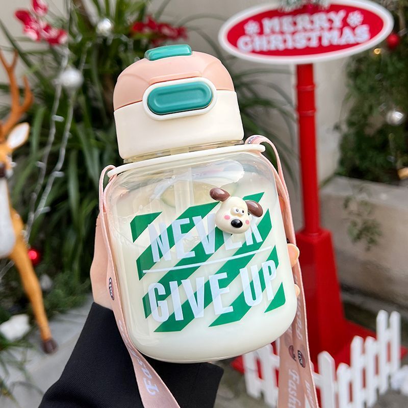 Water cup for girls, high appearance level, children's big belly straw cup with shoulder strap, 2023 new high-temperature resistant portable plastic cup details Picture