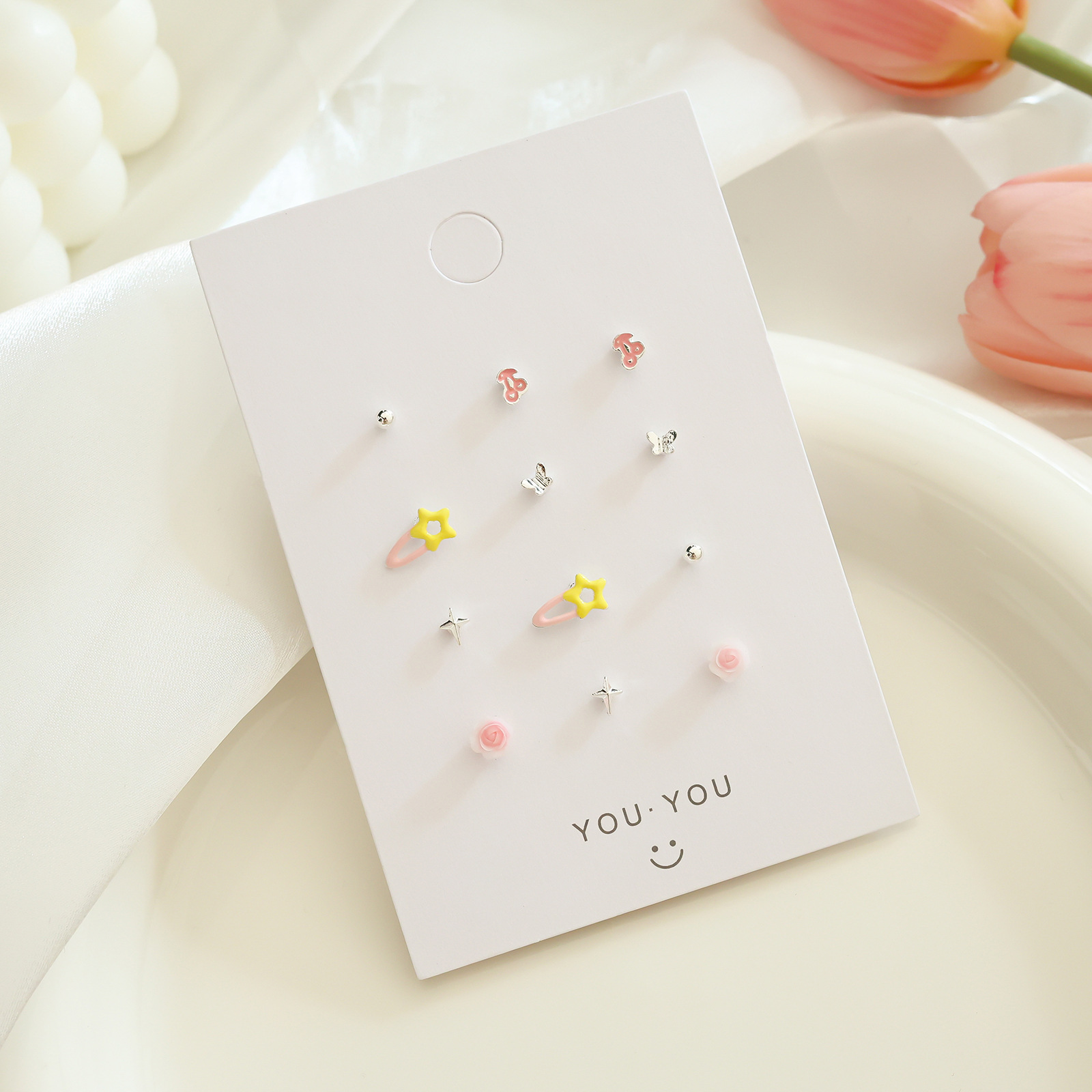 Early spring pink small and exquisite silver stud set, versatile, simple daily student earrings, personalized earrings for women wholesale Application Scenario