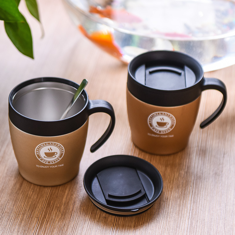 Coffee cup with spoon set handle, stainless steel insulated cup with lid, advertising gift cup, large-capacity tea cup Application Scenario