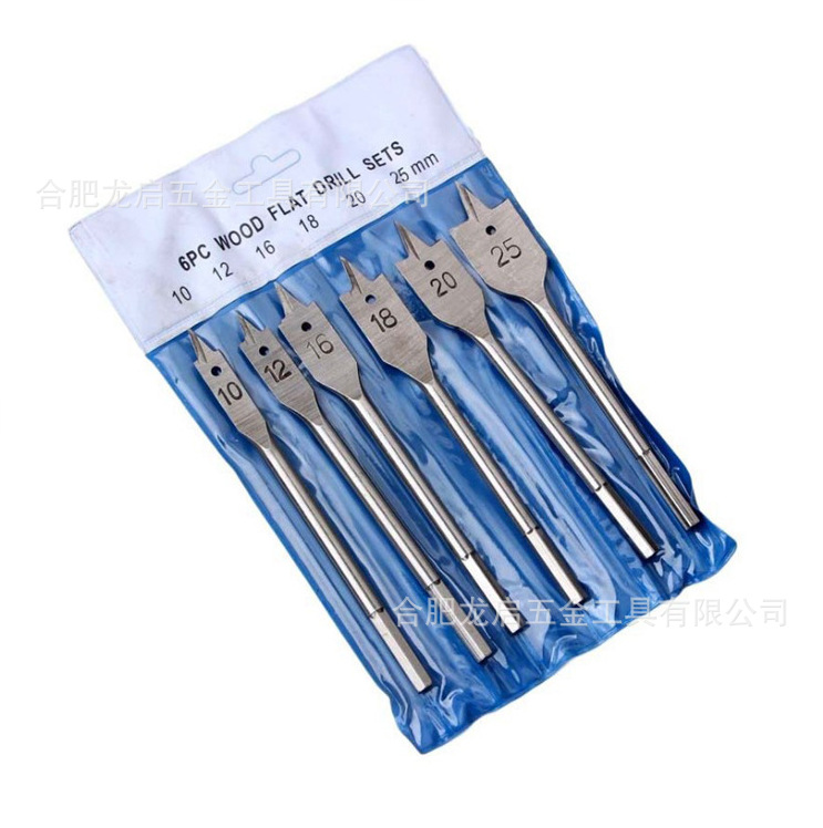 6-piece set of hexagonal handle hanging bag woodworking flat drill set, woodworking drilling and hole opening machine, 10-25mm woodworking drill full figure