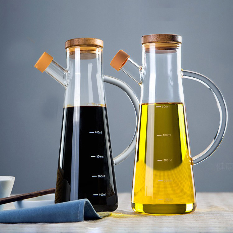 High borosilicate glass oil pot, soy sauce and vinegar bottle, kitchenware, 500ML large capacity, graduated bamboo cap soy sauce and vinegar bottle full figure