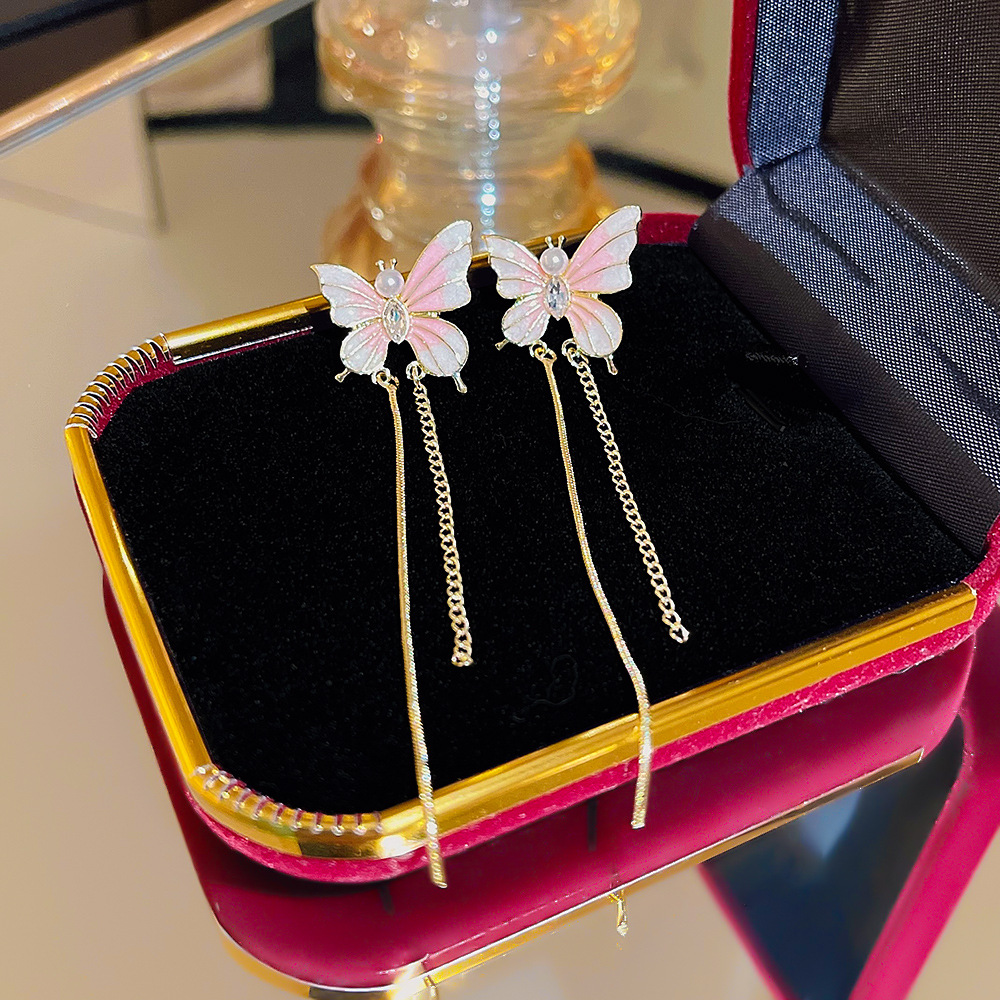 S925 Silver Needle French Romantic and Fresh Earrings, summer high-end stud earrings, light luxury style butterfly tassel earrings details Picture
