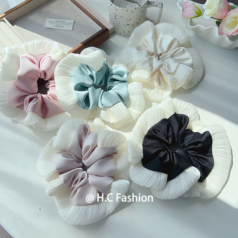 Wholesale of new Korean-style wrinkled edge silky large intestinal hair bands, double-layer satin high-end headwear, versatile hair accessories and hair bands Specification drawing