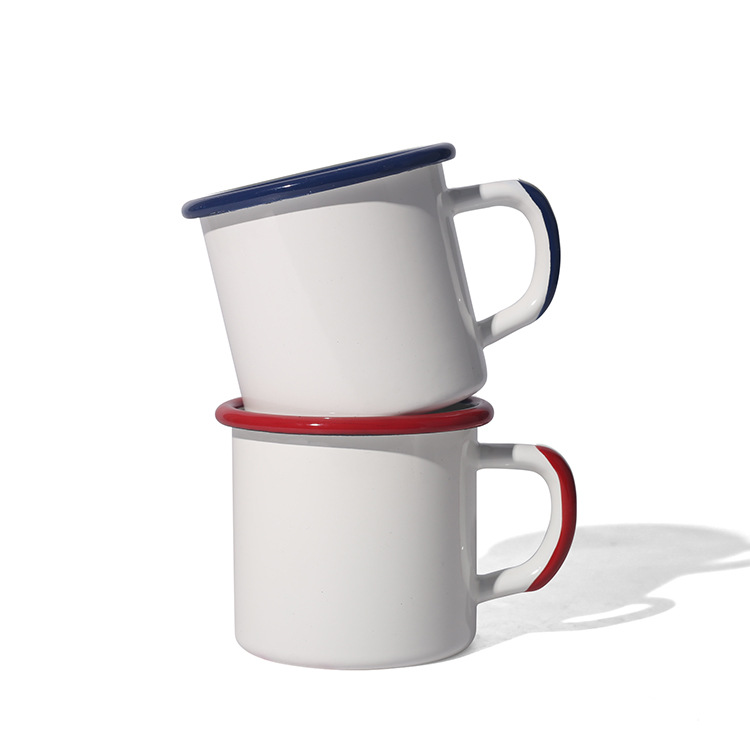 350ml customizable cup handle color enamel coffee cup, 8cm colored edge nostalgic retro enamel mug Item Picture