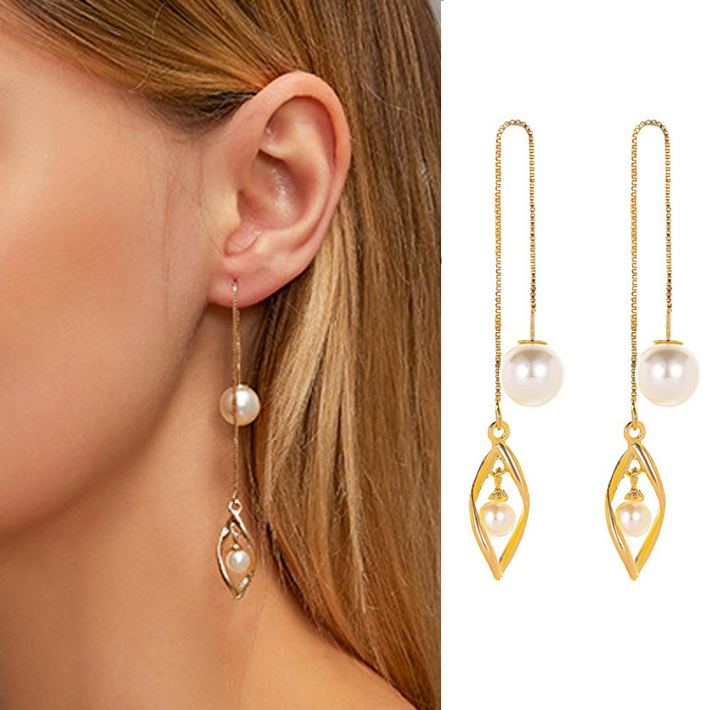 Korean-style sexy tassel earrings, simple and fashionable, twisted ear line, elegant and versatile for socialite, long pearl earrings full figure