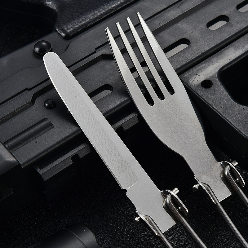 Mini multi-functional foldable outdoor camping stainless steel portable combination set, folding knife, fork and spoon tableware details Picture