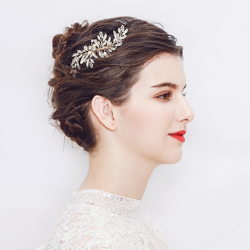 Cross-border accessories: Bride's hairpin and comb set, European and American alloy rhinestone wedding accessories, handcrafted leaf pearl headwear full figure