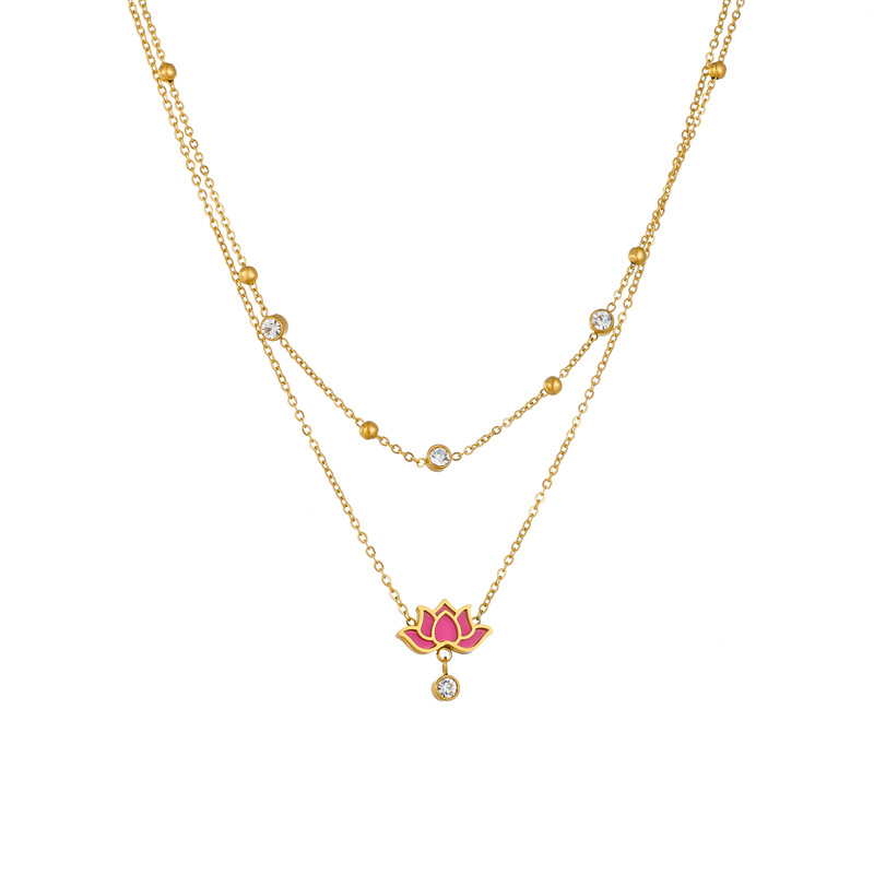 Korean version of a niche double-layer gold-plated and diamond-encrusted titanium steel chain oil-dripping lotus accessory necklace Item Picture