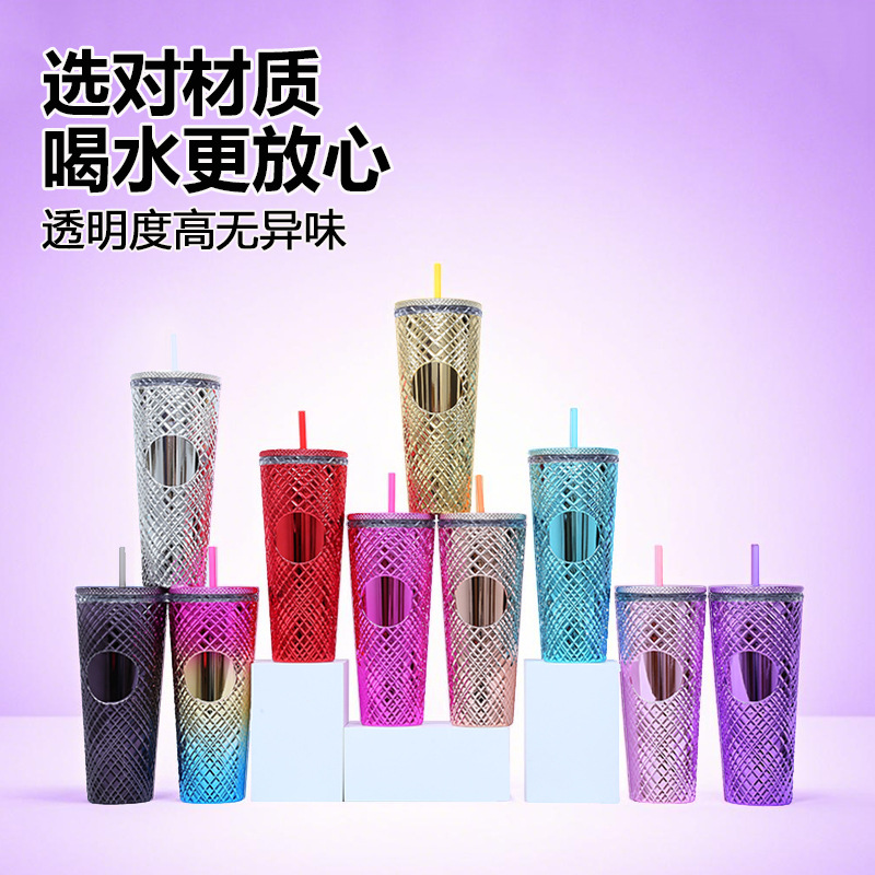 Amazon factory direct supply 710ml large-capacity water cup, irregular grid conical plastic cup, popular straw cup Specification drawing