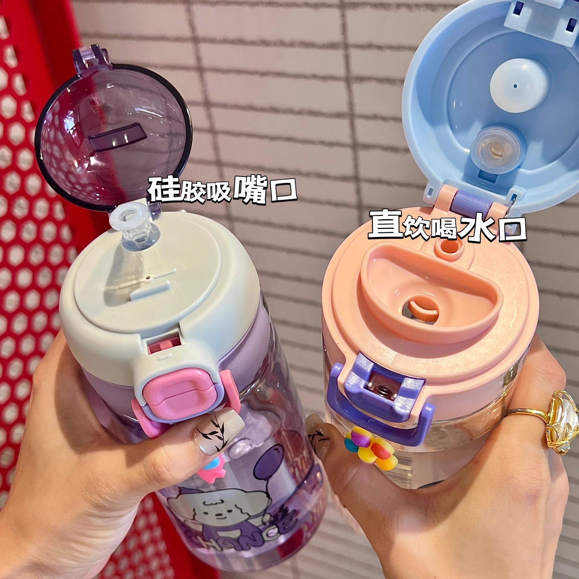 Summer simple plastic cups, cartoon puppies, large-capacity portable cups, cute and portable student straw cups, popular girls details Picture