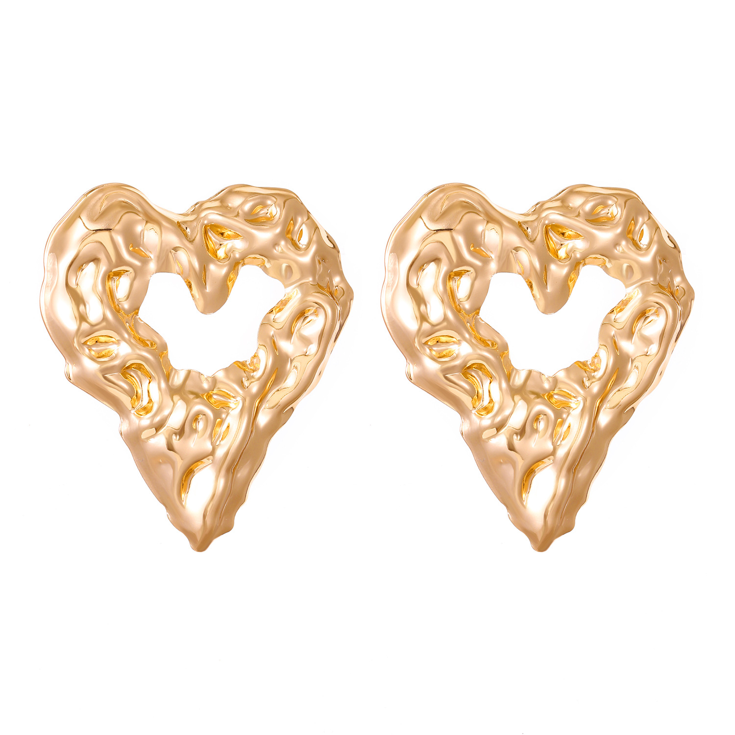 European and American pleated lava metal-textured hollowed-out heart-shaped stud earrings, unique, niche, elegant and high-end, exaggerated earrings for women Item Picture
