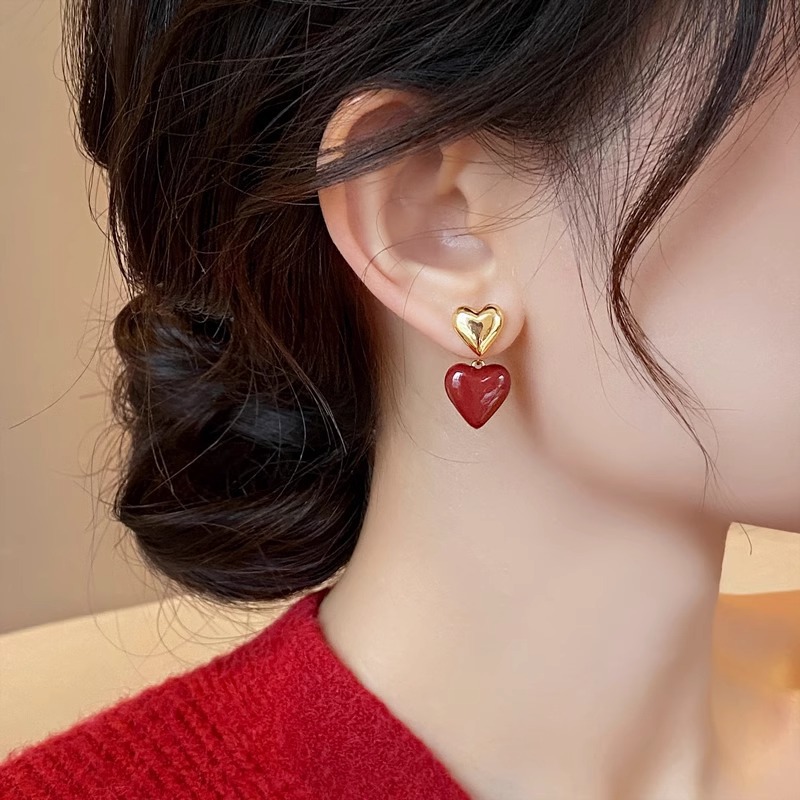 Ankora red heart-shaped stud earrings for women, a new 2024 bestseller with a high-end and unique charm Specification drawing