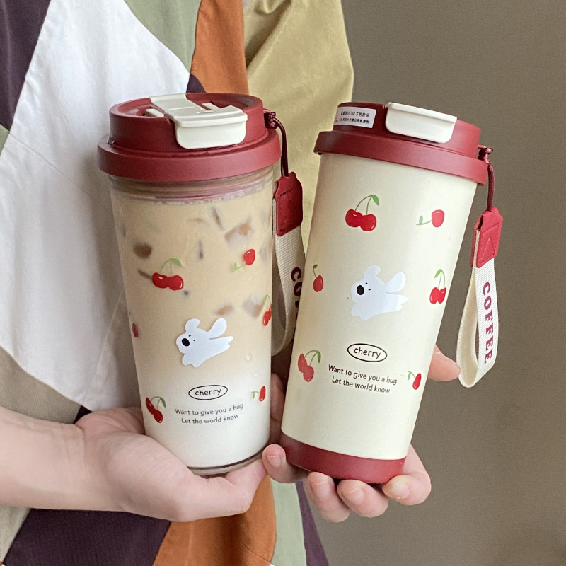 The same summer dual-drink red cherry puppy cup as Xiaohongshu, portable large-capacity coffee cup, car water cup and travel cup full figure