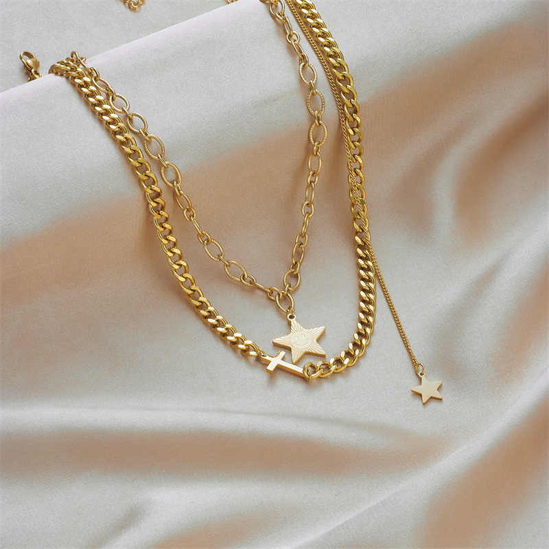 A new retro collarbone chain metal titanium steel double-layer chain cross five-pointed star pendant necklace from Europe and America details Picture